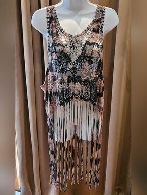 T Party Lace & Fringe Boho Party Top • Black/Beige